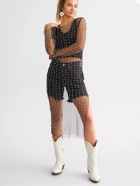 NWT Black Embellished Long Sleeve Sheer Mesh Maxi Dress pearls and crystals sz s